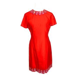 Vintage 1980s Coral Braided  Sequin Silk Cord Collar Hem Wiggle Dress Sz S